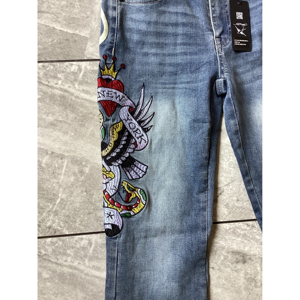 Ed Hardy Slim Flare Jeans Womens 26 Medium Vintage Blue Tattoo Embroidered Logo - Picture 4 of 12